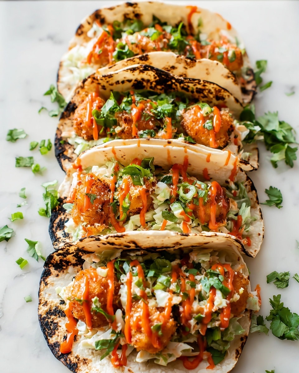 A row of four grilled tacos sits on a white marbled surface, each taco made with a slightly charred soft tortilla folded in half. Inside, there are three main layers: a base of creamy coleslaw with shredded green and white cabbage, a middle layer of crispy golden fried shrimp balls, and a drizzle of bright orange-red spicy sauce on top. Finely chopped green onions and fresh green cilantro leaves are sprinkled over the tacos and around them on the surface, adding bright green highlights to the scene. photo taken with an iphone --ar 4:5 --v 7