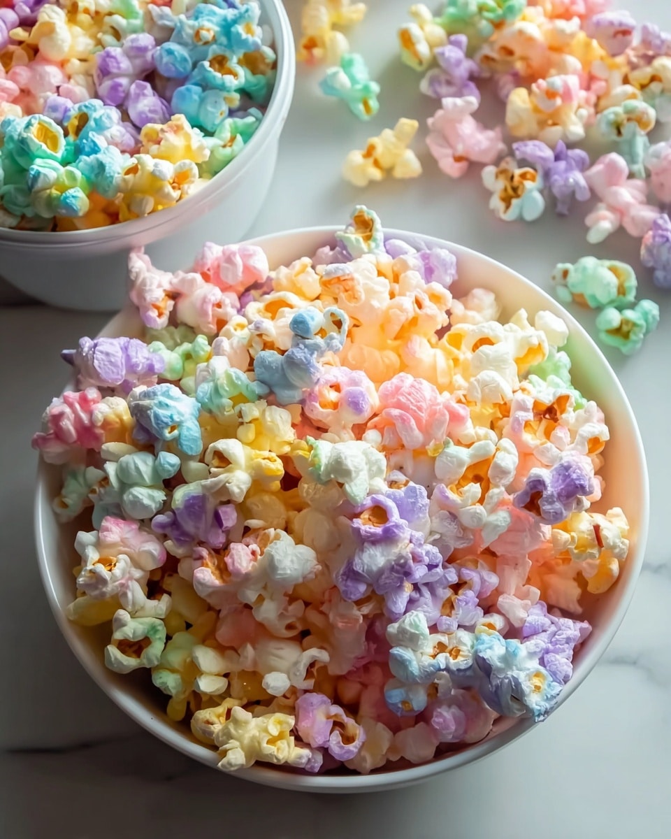 The image shows a white bowl filled with colorful popcorn clusters. The popcorn is coated in pastel pink, green, and white layers, with a shiny, sweet texture visible on each piece. Tiny round colorful sprinkles in blue, yellow, pink, and white are scattered all over the popcorn, adding a playful touch. The bowl rests on a white marbled surface beside a small white bowl filled with more of the same small round sprinkles. A woman's hand holds the edge of the main bowl gently. Photo taken with an iphone --ar 4:5 --v 7