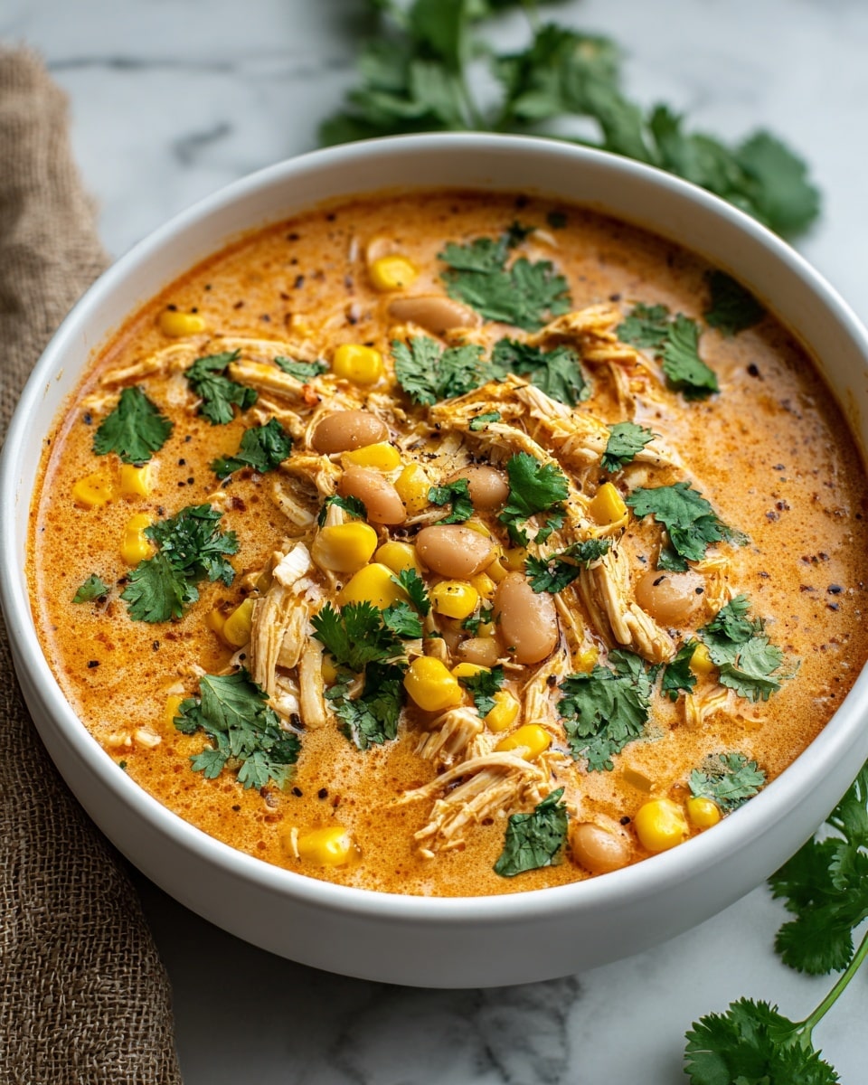A white bowl filled with creamy orange soup that has visible shredded chicken pieces, yellow corn kernels, and light brown beans mixed throughout. Fresh green cilantro leaves are spread on top and around the soup, adding a fresh touch. The bowl sits on a white marbled surface with a bit of burlap fabric seen on the side. The soup looks thick and rich, with some small black pepper specks mixed in. photo taken with an iphone --ar 4:5 --v 7