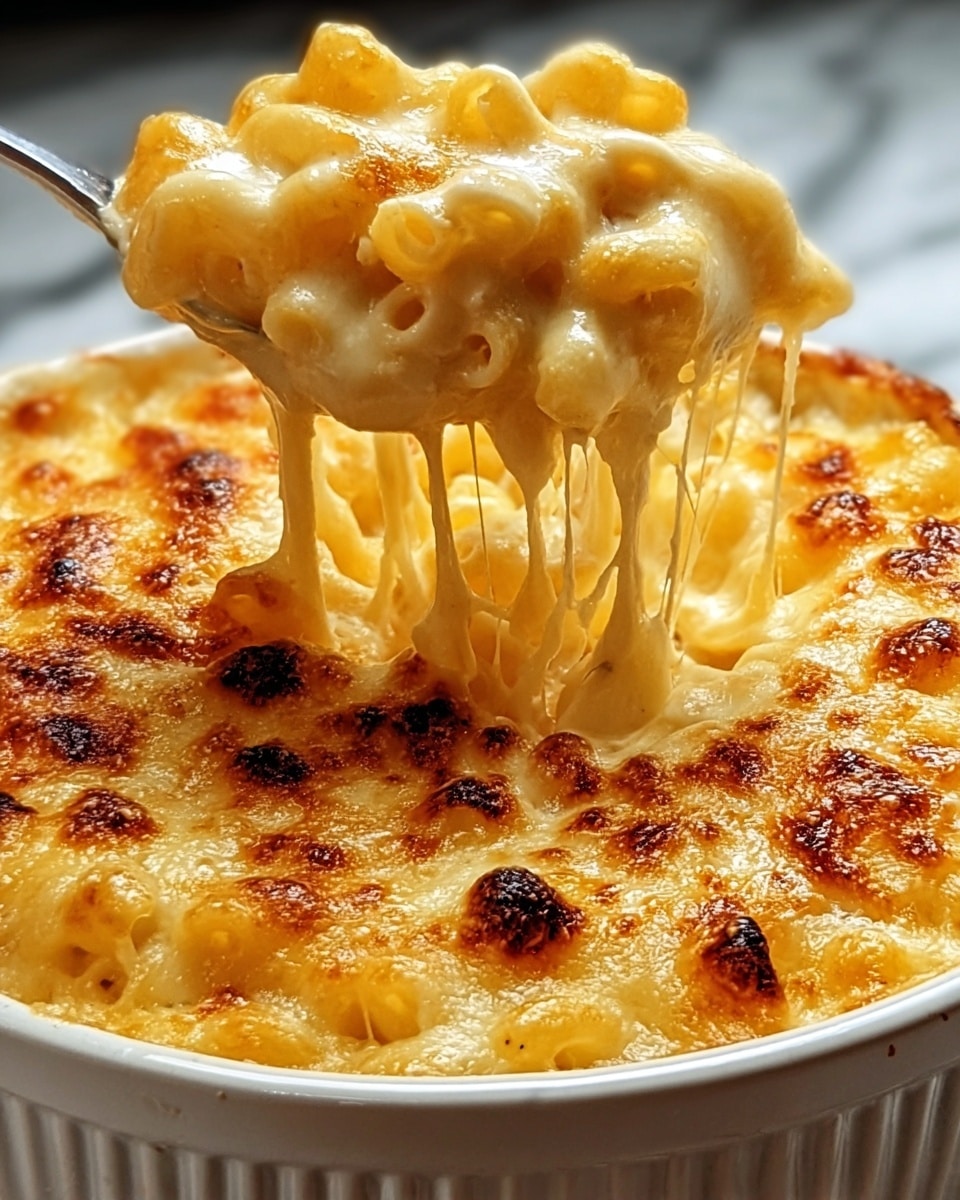 A close-up of creamy baked macaroni and cheese in a white round dish, showing the top layer of melted golden brown cheese with bubbly, crispy spots. A scoop is being lifted, stretching gooey, stringy melted cheese over the smooth, soft macaroni noodles beneath. The macaroni is coated in rich, creamy yellow cheese sauce, and the edges of the dish show a lightly browned baked texture. The background is a white marbled surface. photo taken with an iphone --ar 4:5 --v 7