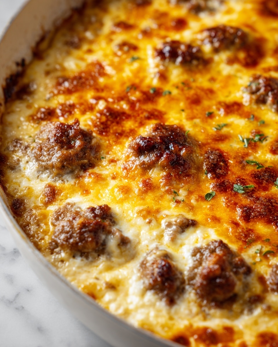 This close-up image shows a baked dish with a thick layer of melted cheese on top, which is golden-yellow with spots of browned, crispy edges. Underneath the cheese, there are chunky pieces of browned sausage that have a rough, slightly crispy texture. The base layer is creamy and white, likely a cheese or sauce mixture, visible in between the sausage and cheese. The dish is inside a white pan, pictured against a white marbled background. photo taken with an iphone --ar 4:5 --v 7