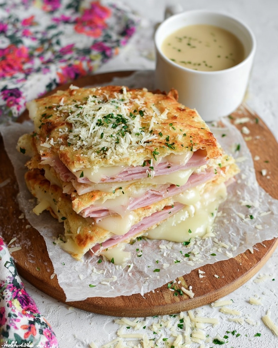 A thick sandwich made of three layers of golden toasted flatbread, each separated by layers of pale pink ham and melted white cheese, sprinkled with chopped green herbs and grated cheese on top. The sandwich sits on a piece of parchment paper on a round wooden board, with some cheese shavings scattered around. Next to the sandwich, there is a small white cup filled with creamy light beige sauce. The whole scene is set on a white marbled background with a floral cloth partially visible. Photo taken with an iphone --ar 4:5 --v 7
