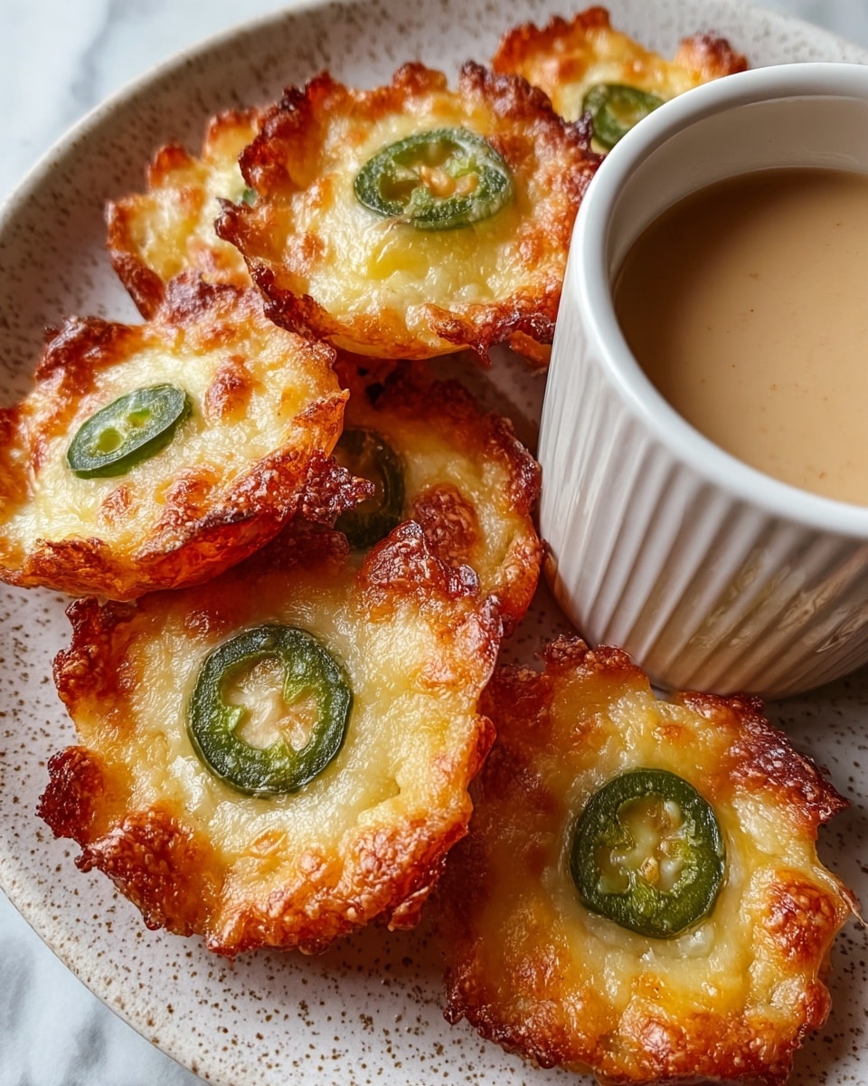 Several small, round, and crispy cheese snacks with a deep golden-brown edge and melted cheese texture in the middle are closely placed on a white speckled plate. Each snack has a slice of green jalapeno pepper sitting at the center of the cheesy layer. To the right of the snacks, there is a white ribbed cup filled with a light brown creamy sauce. The plate rests on a surface with a white marbled texture. photo taken with an iphone --ar 4:5 --v 7