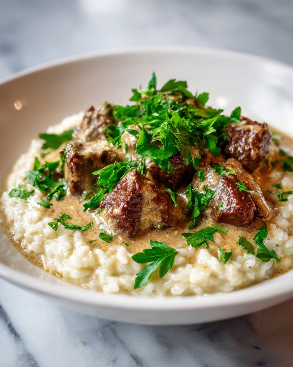 The dish shows a close-up of a white plate filled with creamy, lightly colored risotto as the base layer. On top, there are several pieces of browned beef chunks scattered evenly, covered with a smooth light brown sauce that coats both the meat and risotto. Fresh green parsley leaves are sprinkled over the sauce and beef, adding a vibrant contrast to the creamy and brown tones. The entire dish sits on a white marbled surface. photo taken with an iphone --ar 4:5 --v 7