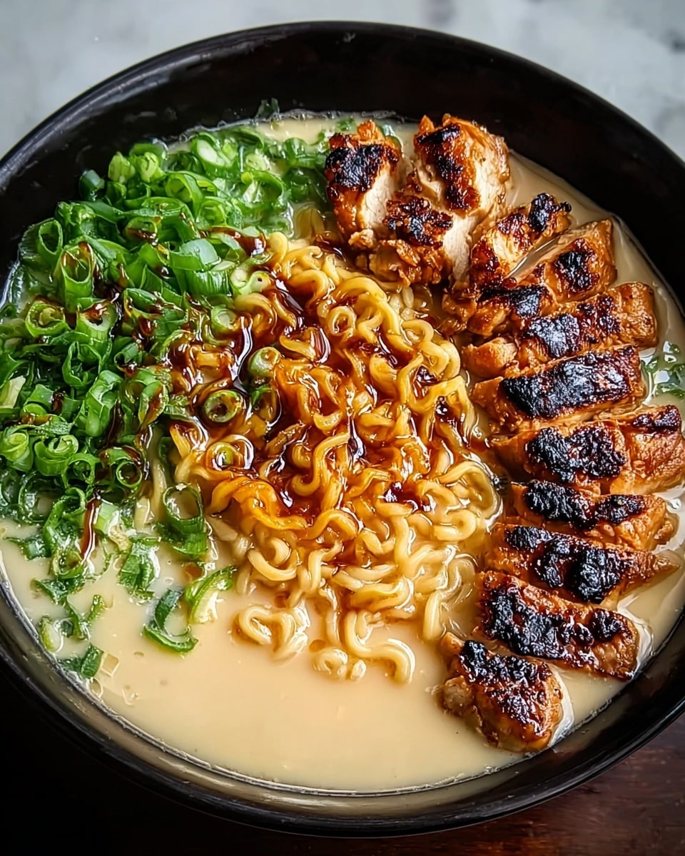 A black bowl filled with creamy, light beige broth as the base layer, topped with a nest of wavy, yellowish ramen noodles in the center, which are lightly coated with soy sauce. To the left, there is a generous layer of bright green chopped scallions adding freshness and color contrast. On the right side, a row of golden-brown grilled chicken pieces with dark char marks and a glazed, shiny texture is placed on top of the noodles. The dish is garnished with a drizzle of dark, glossy sauce lightly spread over the noodles and chicken. The bowl sits on a white marbled texture. photo taken with an iphone --ar 4:5 --v 7