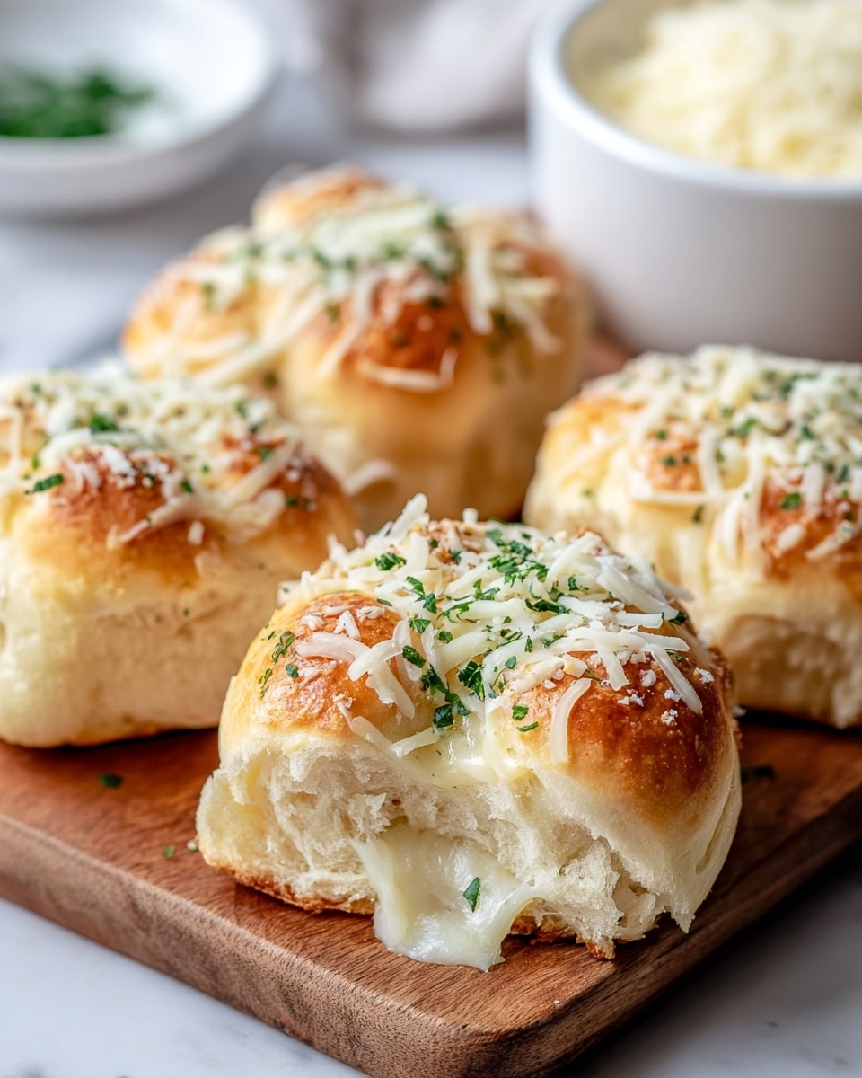 The image shows four golden-brown baked rolls placed closely together on a wooden board set on a white marbled surface. Each roll has a soft, fluffy texture with a a slightly shiny crust. They are topped with a layer of shredded white cheese sprinkled with small green herb pieces, likely parsley, giving a fresh touch. Some melted cheese can be seen oozing slightly from the sides of the rolls, adding to the rich look of the dish. The background shows a blurred white bowl with more shredded white cheese inside. photo taken with an iphone --ar 4:5 --v 7
