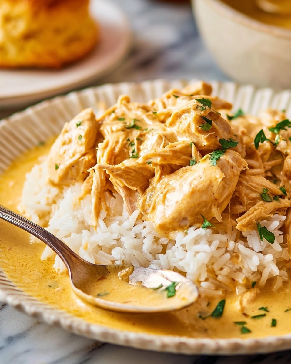 A close-up of a white plate with a textured edge, showing two main layers: a bottom layer of fluffy white rice with visible grains, soaked slightly in a creamy yellow sauce, and a top layer of shredded chicken coated in the same creamy yellow sauce, garnished with small pieces of green herbs. A silver spoon rests on the right side of the plate, partially in the sauce. In the background, a biscuit with a golden crust is faintly visible on a white marbled surface. The lighting is warm and soft, highlighting the textures and colors of the food. photo taken with an iphone --ar 4:5 --v 7