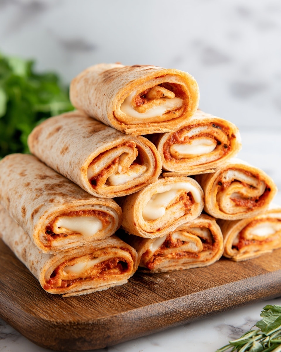 A stack of six rolled wraps arranged in a pyramid shape on a wooden board, each wrap showing three visible layers: a soft, light brown tortilla on the outside with a slightly toasted texture, a middle bright red layer of tomato sauce mixed with spices, and a creamy white layer of cheese tightly rolled inside. The wraps have smooth edges and the cheese appears melted but firm. In the background, there are some green herbs slightly out of focus, and the whole scene is set on a white marbled surface. photo taken with an iphone --ar 4:5 --v 7