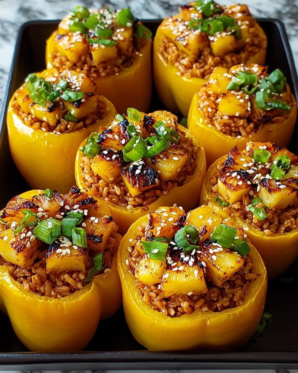 A close-up view of eight stuffed yellow bell peppers arranged in a black tray on a white marbled surface. Each pepper is hollowed out and filled with three layers: the bottom layer is the smooth shiny yellow pepper shell, the middle layer is a mixture of cooked brown rice and spices, and the top layer consists of charred golden pineapple chunks sprinkled with white sesame seeds and small pieces of fresh green chopped herbs, likely scallions. The peppers are packed tightly together, showing a rich contrast between the bright yellow, brown, and green colors, with a slightly glossy finish on the grilled pineapple. Photo taken with an iphone --ar 4:5 --v 7