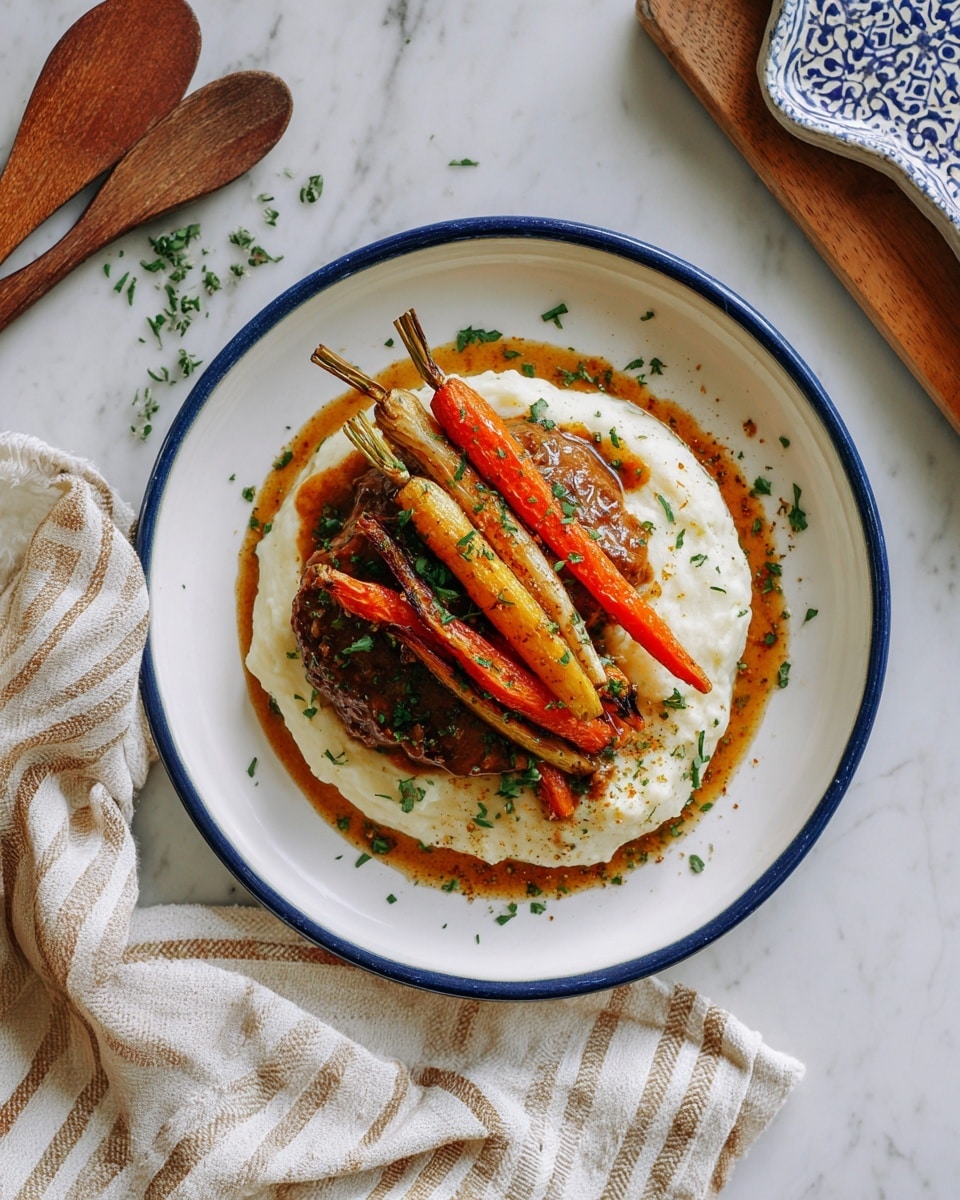 A white plate with a blue rim holds a dish with three layers: the base layer is smooth, creamy white mashed potatoes; on top of that is a piece of browned meat covered in a rich, brown sauce; the top layer consists of five roasted carrots, varying in color from bright orange to pale yellow with dark, charred tips. The dish is sprinkled with chopped green herbs. The plate sits on a white marbled surface with a beige and white striped cloth nearby, wooden utensils, and part of a blue and white patterned tile visible at the edge. photo taken with an iphone --ar 4:5 --v 7