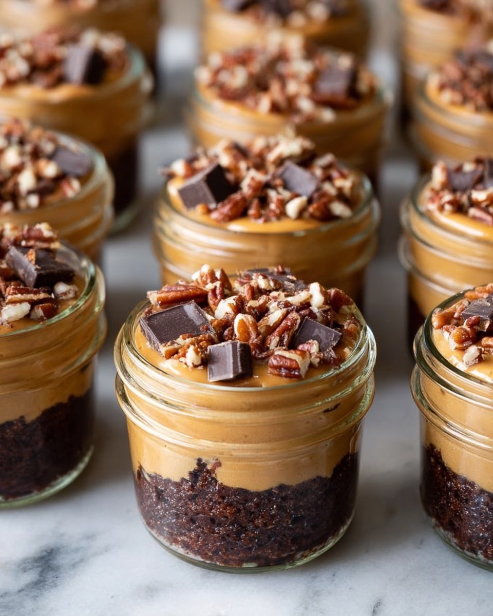The image shows several small glass jars filled with a layered dessert. Each jar has two layers: the bottom layer is a dark brown, moist cake or brownie with a rich, dense texture, while the top layer is a smooth, light brown caramel or butterscotch cream. The cream layer is sprinkled with pieces of chopped pecans and chunks of dark chocolate. The jars are placed on a white marbled surface, closely packed together, creating a warm and inviting look. Photo taken with an iphone --ar 4:5 --v 7