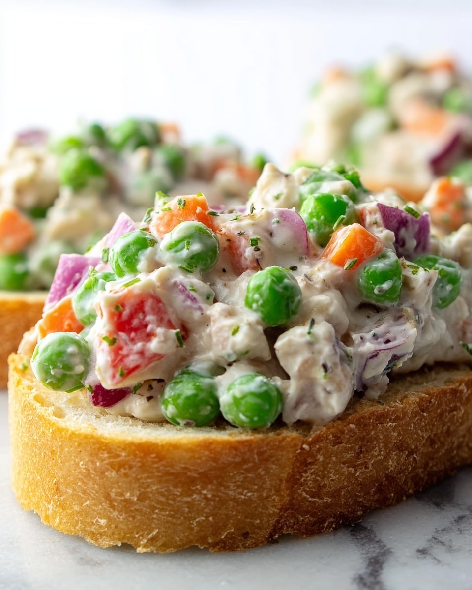 A close-up view of an open sandwich with one thick slice of crusty, golden-brown bread at the bottom, topped generously with a chunky salad mixture. The salad layer is creamy white with visible green peas, bright orange carrot pieces, small red bell pepper cubes, and bits of purple onion evenly mixed in. The textures vary from smooth creaminess to firm vegetable chunks, piled high and spilling slightly over the edges of the bread. The whole setup is placed on a flat white marbled surface with a white background. photo taken with an iphone --ar 4:5 --v 7