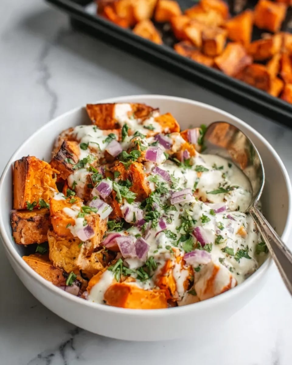 A white bowl holds a layered dish with roasted, golden-orange sweet potato pieces at the bottom. On top of the sweet potatoes, there is a creamy white sauce drizzled generously, dotted with small purple onion bits and chopped green herbs. A silver spoon is placed inside the bowl, resting on the side. The bowl sits on a white marbled surface with more roasted sweet potatoes visible in the background on a black tray. photo taken with an iphone --ar 4:5 --v 7