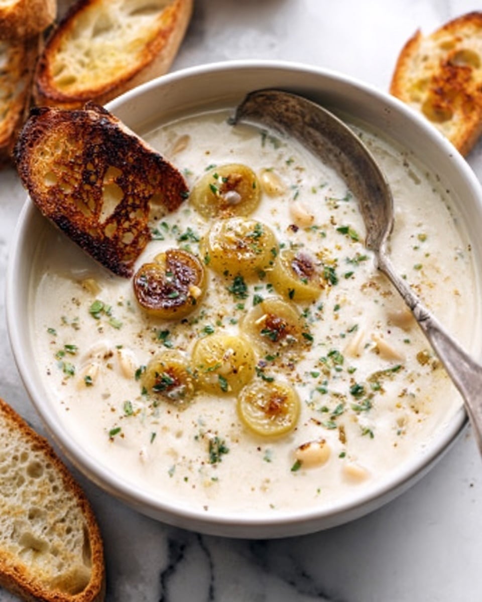 A thick creamy soup is served in a white bowl, topped with halved golden brown roasted grapes and sprinkled with small green herb flakes. The soup has a smooth white texture with visible pieces of beans or nuts inside. A spoon rests inside the bowl, while a toasted piece of bread with a dark golden crust leans against the bowl's edge. The scene is set on a white marbled surface with more toasted bread visible in the background. Photo taken with an iphone --ar 4:5 --v 7