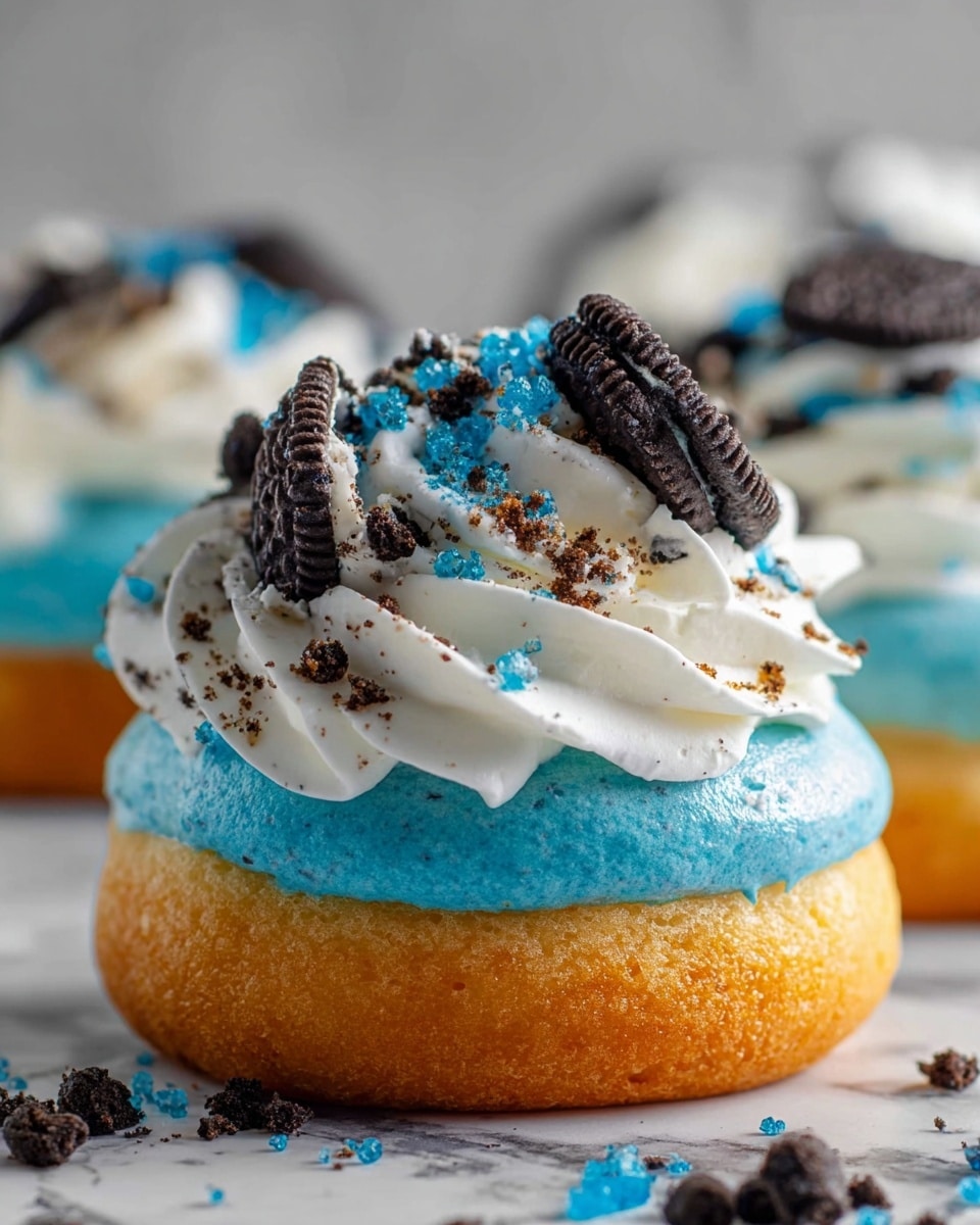 This image shows a close-up of a small round cake with three visible layers: the bottom layer is a golden brown soft bread base, the middle layer is smooth bright blue frosting spread evenly on top of the bread, and the top layer is a white whipped cream swirl with a soft, fluffy texture. On top of the whipped cream, there are small pieces of dark chocolate sandwich cookie halves and crushed cookie crumbs sprinkled around, along with bright blue sugar crystals scattered across the cake for decoration. The cake is set on a white marbled surface that adds a clean and elegant background. photo taken with an iphone --ar 4:5 --v 7