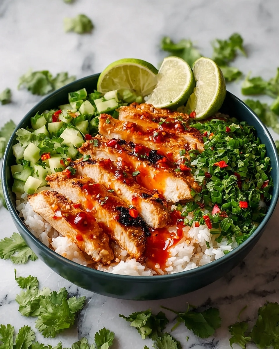 A bowl is filled with a base layer of white fluffy rice, topped with grilled chicken slices that are golden brown with char marks. The chicken is drizzled with a shiny red-orange sauce and sprinkled with small red chili pieces and chopped green herbs. On one side of the bowl, there is a generous pile of finely chopped fresh green cilantro. Two thin lime slices are placed on the edge of the bowl. The bowl sits on a white marbled surface with some chopped cucumbers and cilantro leaves scattered around. photo taken with an iphone --ar 4:5 --v 7