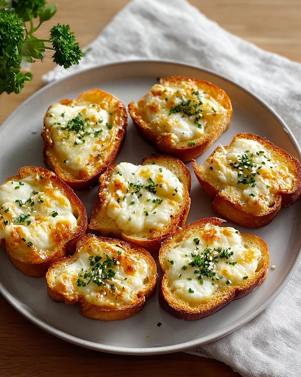 Seven pieces of small toasted bread are arranged on a round white plate. Each piece has a thick golden brown crust on the edges and a bubbly, melted layer of white cheese on top. The cheese is slightly browned and has a soft, gooey texture. Small bits of chopped green herbs are sprinkled over each cheese layer, adding a fresh contrast. The plate is placed on a light-colored wooden table with a white marbled cloth gently folded next to it. Soft natural light highlights the textures and warm colors of the toast, photo taken with an iphone --ar 4:5 --v 7
