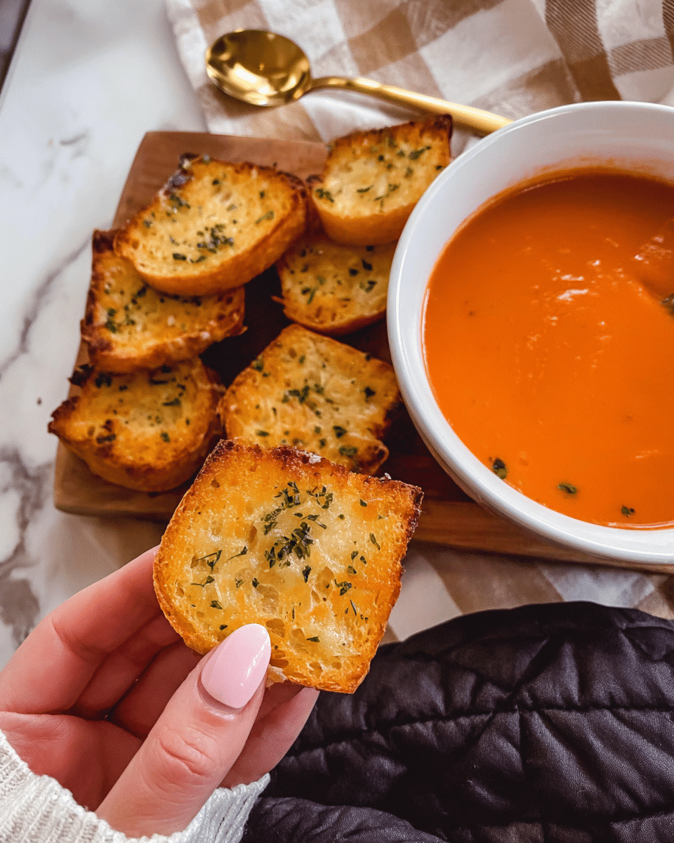 A white bowl filled with smooth orange tomato soup is placed in the top right corner of the image, next to a wooden board holding several pieces of golden toasted bread with small green herb flakes on them. A woman's hand with light pink nail polish is holding one square piece of toasted bread close to the camera, showing its toasted texture and herbs clearly. The background features a soft, white marbled surface and a plaid cloth with beige and brown stripes. A spoon with a golden handle rests near the bowl, and a dark quilted fabric is visible at the bottom right. photo taken with an iphone --ar 4:5 --v 7