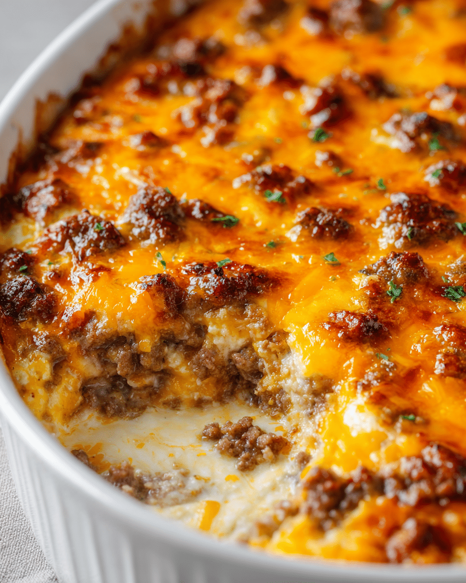 A close-up of a baked dish in a white oval ceramic dish showing three clear layers: the bottom layer is creamy white, soft and smooth; the middle layer has cooked ground meat, brown and moist with small crumbles; the top layer is melted cheddar cheese, bright orange with a slightly crispy, golden brown texture and browned bits of cooked sausage scattered evenly across, creating a gooey and rich surface. Photo taken with an iphone --ar 4:5 --v 7
