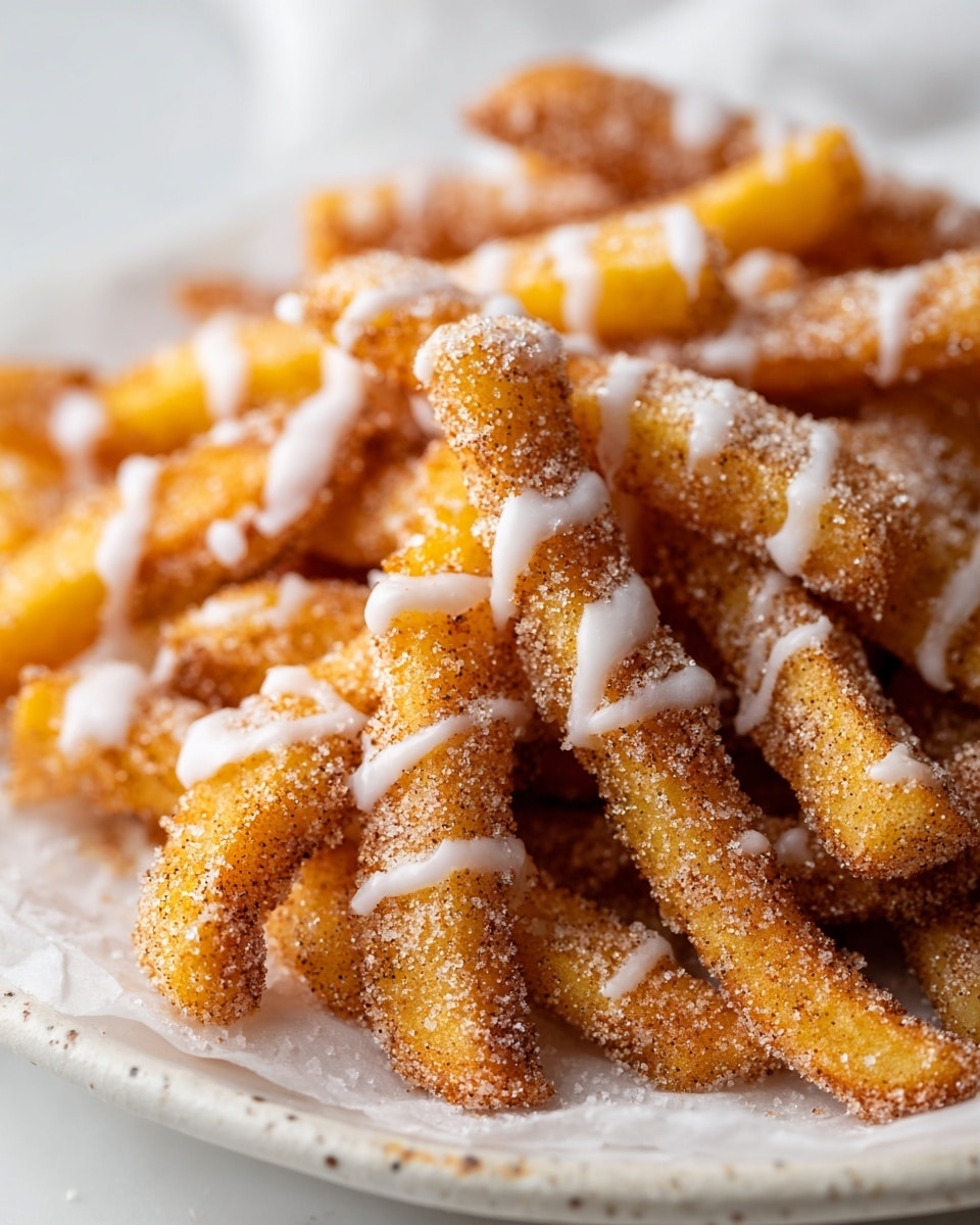 A close-up view of a pile of golden-brown fried potato fries covered with a thick layer of cinnamon sugar, creating a grainy texture, and drizzled with thin streams of white icing scattered unevenly on top. The fries are placed on white parchment paper on a white plate with a slightly rough edge, all set against a white marbled texture background. Photo taken with an iphone --ar 4:5 --v 7