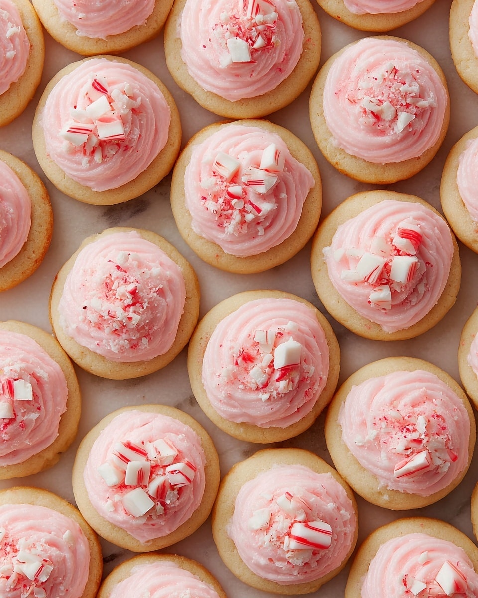 The image shows many small round sugar cookies arranged close together on a white marbled surface. Each cookie has two layers: the bottom layer is a pale golden soft cookie with a smooth texture, and the top layer is a swirl of light pink creamy frosting with a soft, slightly fluffy texture. On top of the pink frosting, there are small, irregular chunks of white and red-striped peppermint candy, adding a crunchy texture and bright color contrast. The cookies are evenly spaced and cover the whole surface, creating a neat and colorful pattern. photo taken with an iphone --ar 4:5 --v 7