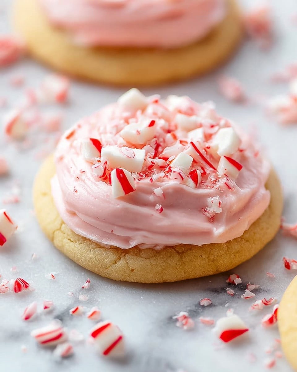 A soft, round cookie sits on a white marbled surface with a thick layer of smooth, light pink frosting swirled on top. Scattered generously over the frosting are small, irregular pieces of white peppermint candy with bright red stripes. Around the cookie, more crushed peppermint candies are spread loosely, adding texture and color contrast. The cookie itself is a warm golden-brown, soft in texture and slightly domed. In the background, another similar cookie is partly visible. photo taken with an iphone --ar 4:5 --v 7