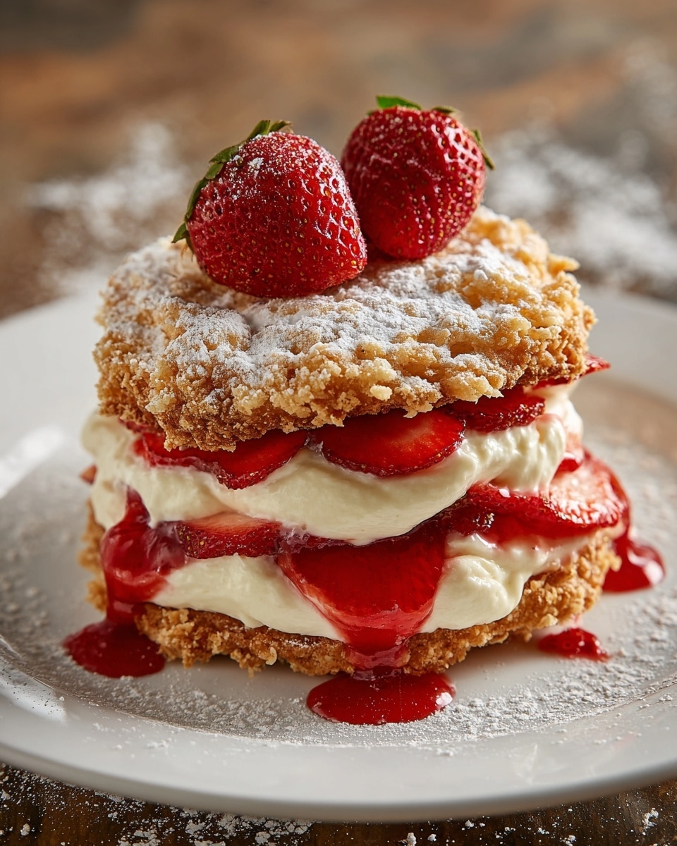 The image shows a layered dessert with two golden brown, crumbly and crispy fried pieces on the top and bottom, dusted with powdered sugar. Between these layers, there is a thick, fluffy white cream in the middle, draped with bright red strawberry sauce that spreads slightly outwards. Fresh sliced strawberries are nestled within the middle and two whole, glossy red strawberries sit on top as decoration. The dessert is plated on a white plate, set on a white marbled surface, with some powdered sugar scattered around the edges. Photo taken with an iphone --ar 4:5 --v 7