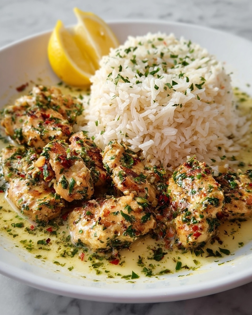 A white plate holds two main layered portions: on the right side is a mound of cooked white rice with separate grains, lightly garnished with green herbs, showing a fluffy texture; on the left side are several browned, grilled chicken pieces covered in a light greenish-yellow sauce with visible finely chopped green herbs and red flakes, creating a slightly glossy surface; two lemon wedges peek from behind the rice at the back of the plate. The dish is placed on a white marbled surface. photo taken with an iphone --ar 4:5 --v 7