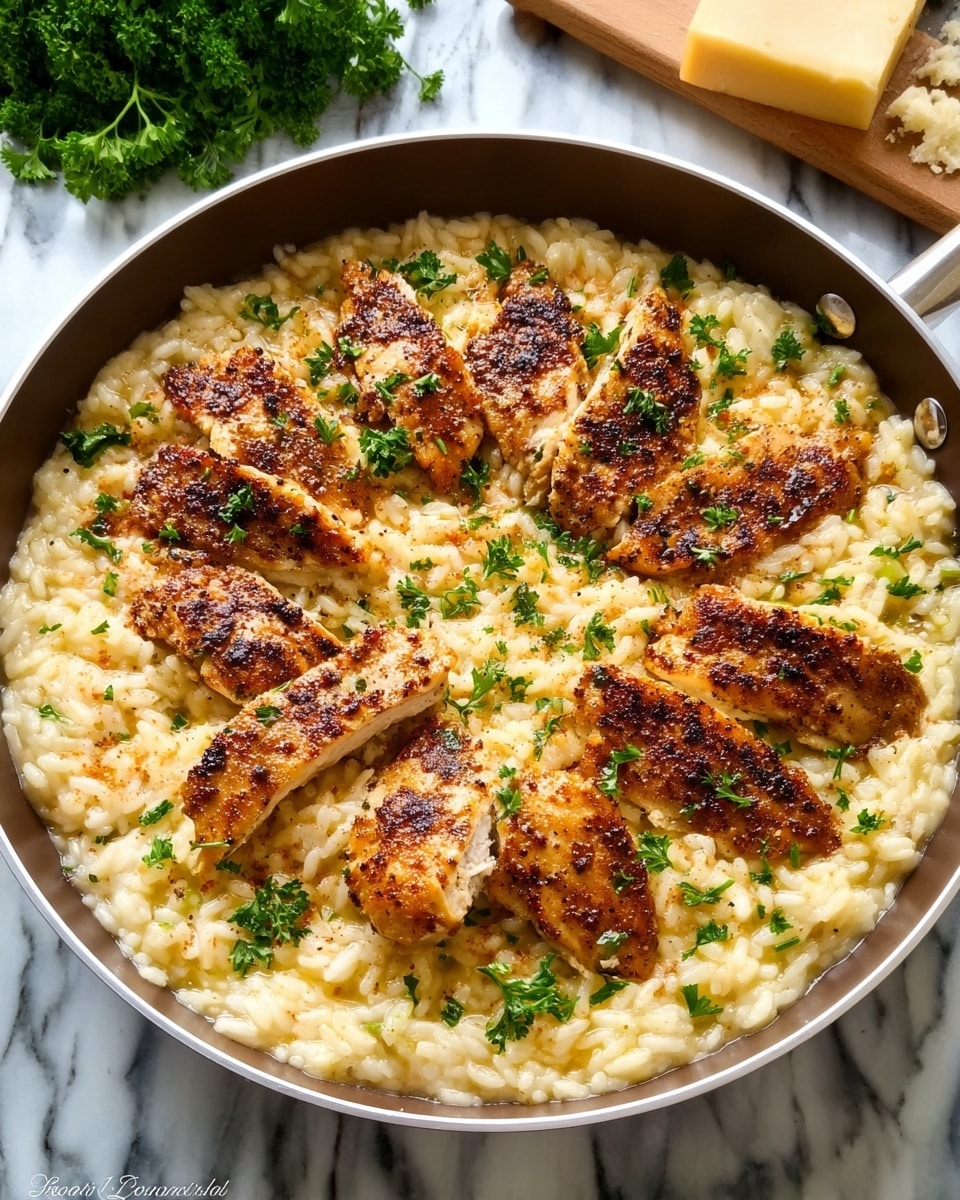 A round pan filled with a creamy layer of light yellow risotto, topped by six pieces of golden-brown grilled chicken arranged evenly in a circle. The chicken pieces have a slightly crispy texture with visible seasoning. Small bits of green parsley are sprinkled across the risotto and chicken, adding a fresh, colorful contrast. The pan rests on a white marbled surface with a cheese block and chopped parsley in the background. Photo taken with an iphone --ar 4:5 --v 7
