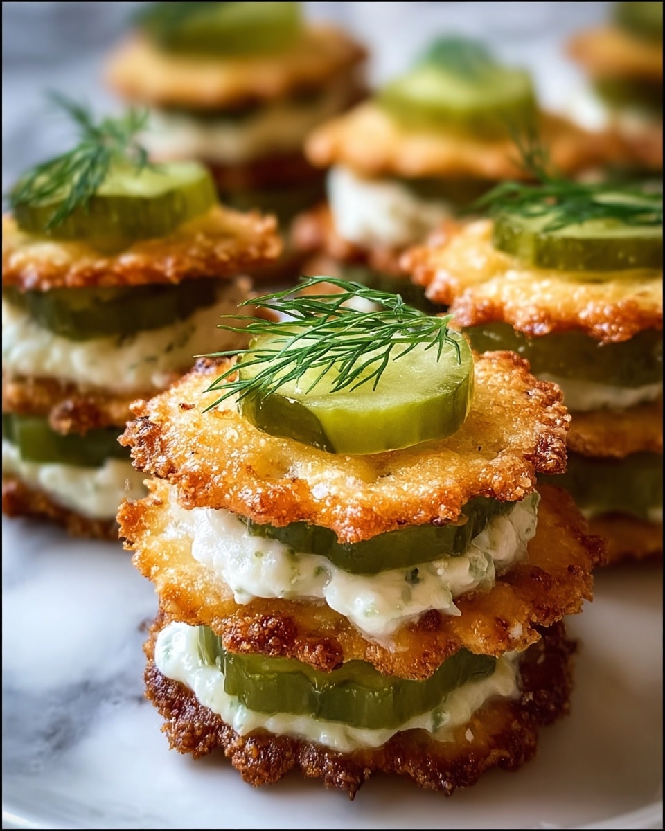 The image shows a close-up of several small stacks of crackers, each stack with three layers: a golden-brown crispy cracker on the top and bottom, and in the middle a thick green pickle slice resting on a smooth white creamy spread. Each top cracker is garnished with a small green dill sprig, adding a fresh and delicate touch. The stacks are placed on a white plate, all set against a white marbled texture. photo taken with an iphone --ar 4:5 --v 7