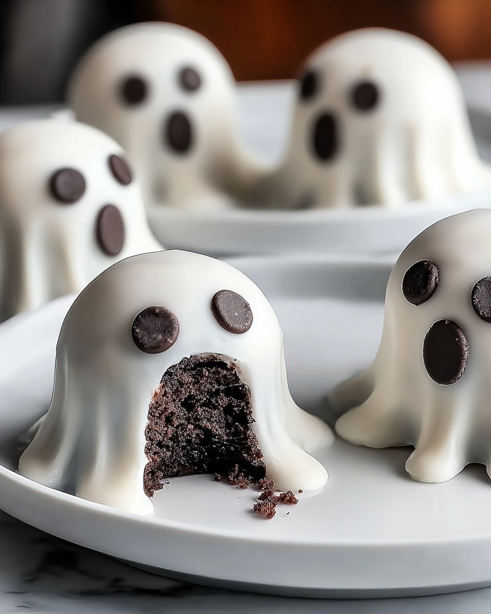 The image shows five small ghost-shaped treats on a white plate. Each treat has two dark round eyes and a dark oval mouth made from what looks like chocolate or candy, placed on the front. The outer layer is smooth and white, slightly melting and dripping down the sides. One treat at the front is bitten, revealing a dark, moist, crumbly inside. The plate sits on a white marbled surface, and the background is softly blurred. photo taken with an iphone --ar 4:5 --v 7