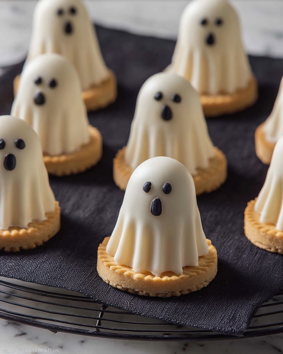 The image shows small ghost-shaped treats arranged on a black cloth, which sits on a cooling rack. Each treat has two main layers: the base is a golden round cookie with a slightly raised patterned edge, and the ghost figure on top is made of smooth white chocolate shaped like a small dome with draped fabric folds at the bottom. Each ghost has simple black eyes and an open mouth drawn, giving a spooky expression. In total, the treat has two layers: the cookie base and the white chocolate ghost on top. The background is a white marbled texture. photo taken with an iphone --ar 4:5 --v 7