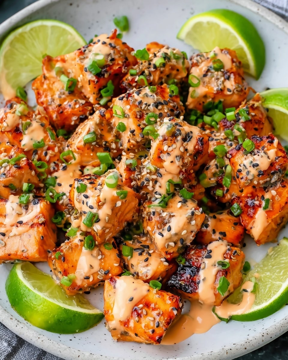 The image shows a close-up of a white plate filled with small, grilled salmon pieces that are slightly browned with a shiny, creamy orange sauce drizzled all over them. The salmon pieces are sprinkled with finely chopped green onions and black and white sesame seeds, adding texture and color. Around the edges of the plate, there are bright green lime wedges placed on a white marbled surface, creating a fresh contrast to the warm colors of the salmon and sauce. photo taken with an iphone --ar 4:5 --v 7