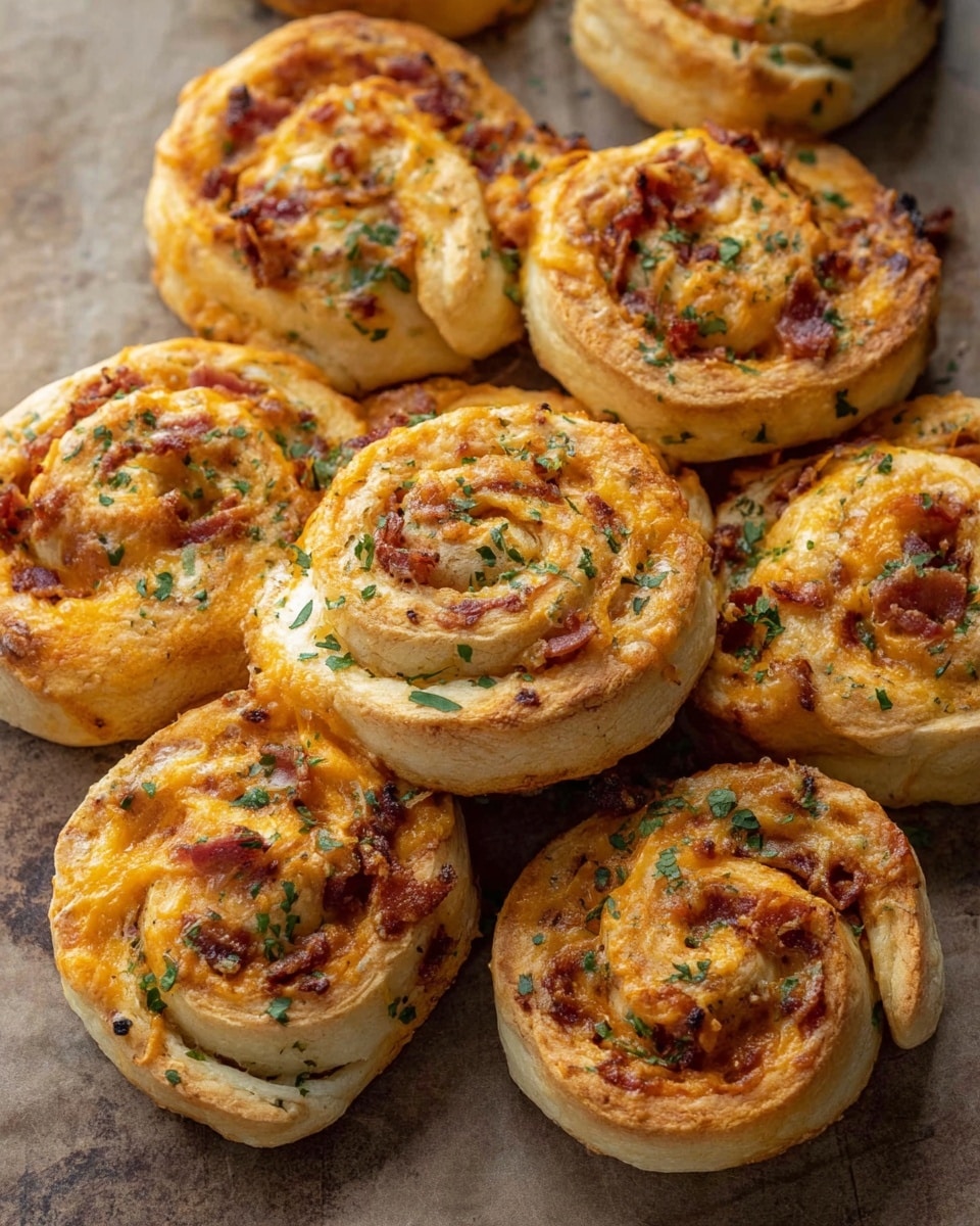A group of baked spiraled rolls on a slightly wrinkled baking sheet, each roll showing multiple layers of golden-brown dough swirled with melted cheese and bits of cooked bacon, creating a warm orange and white marbled effect inside. The rolls have a soft and flaky texture, with small flecks of green herbs sprinkled over the top, adding a fresh contrast to the rich colors. The edges of each roll are golden and lightly crisped, while the centers look creamy and cheesy. photo taken with an iphone --ar 4:5 --v 7