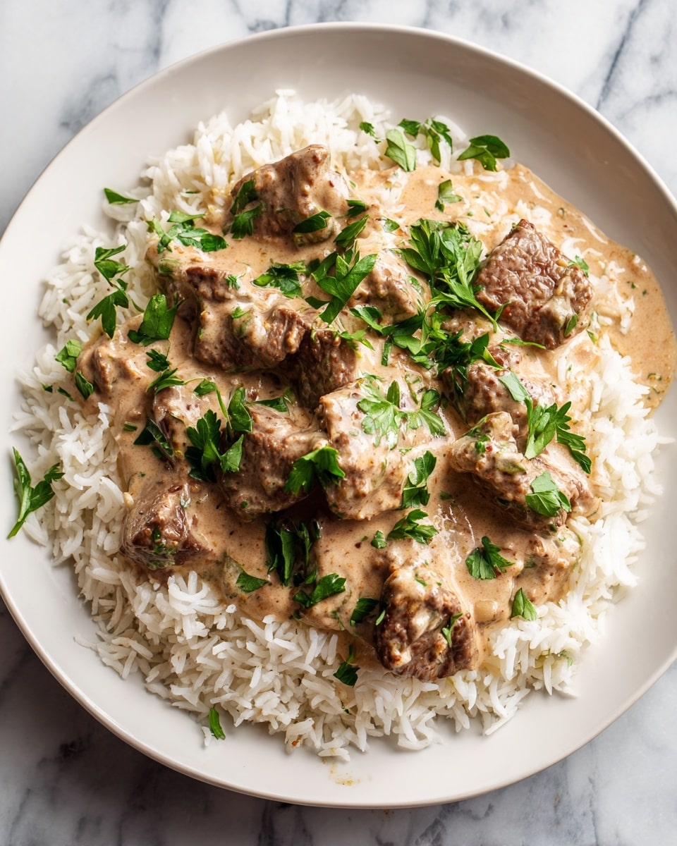 A white plate filled with a base layer of cooked white rice with a soft texture, topped with a thick, creamy sauce of light beige color that covers tender, browned chunks of beef scattered evenly on the surface. Fresh green parsley leaves are sprinkled on top, adding a bright contrast to the rich sauce and meat. The dish rests on a white marbled surface. photo taken with an iphone --ar 4:5 --v 7