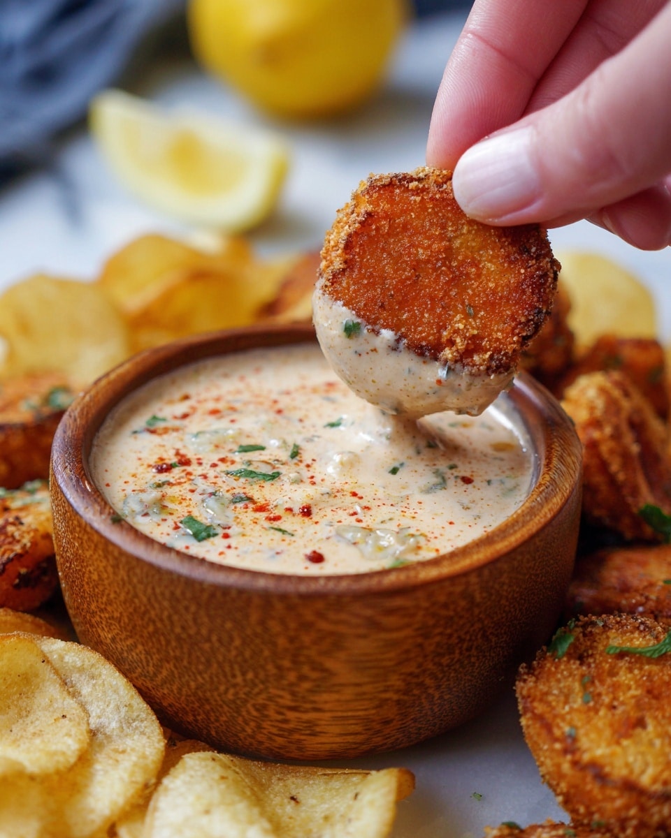 The image shows a woman's hand dipping a small round, crispy, golden-brown fried nugget into a creamy, light beige sauce speckled with green herbs and red spices, all inside a small wooden bowl. Around the bowl, there are several golden potato chips scattered on a white marbled surface, with a lemon and blurred fried pieces in the background. The sauce has a smooth texture with visible herb pieces on top, and the fried nugget has a rough, crunchy surface. Photo taken with an iphone --ar 4:5 --v 7