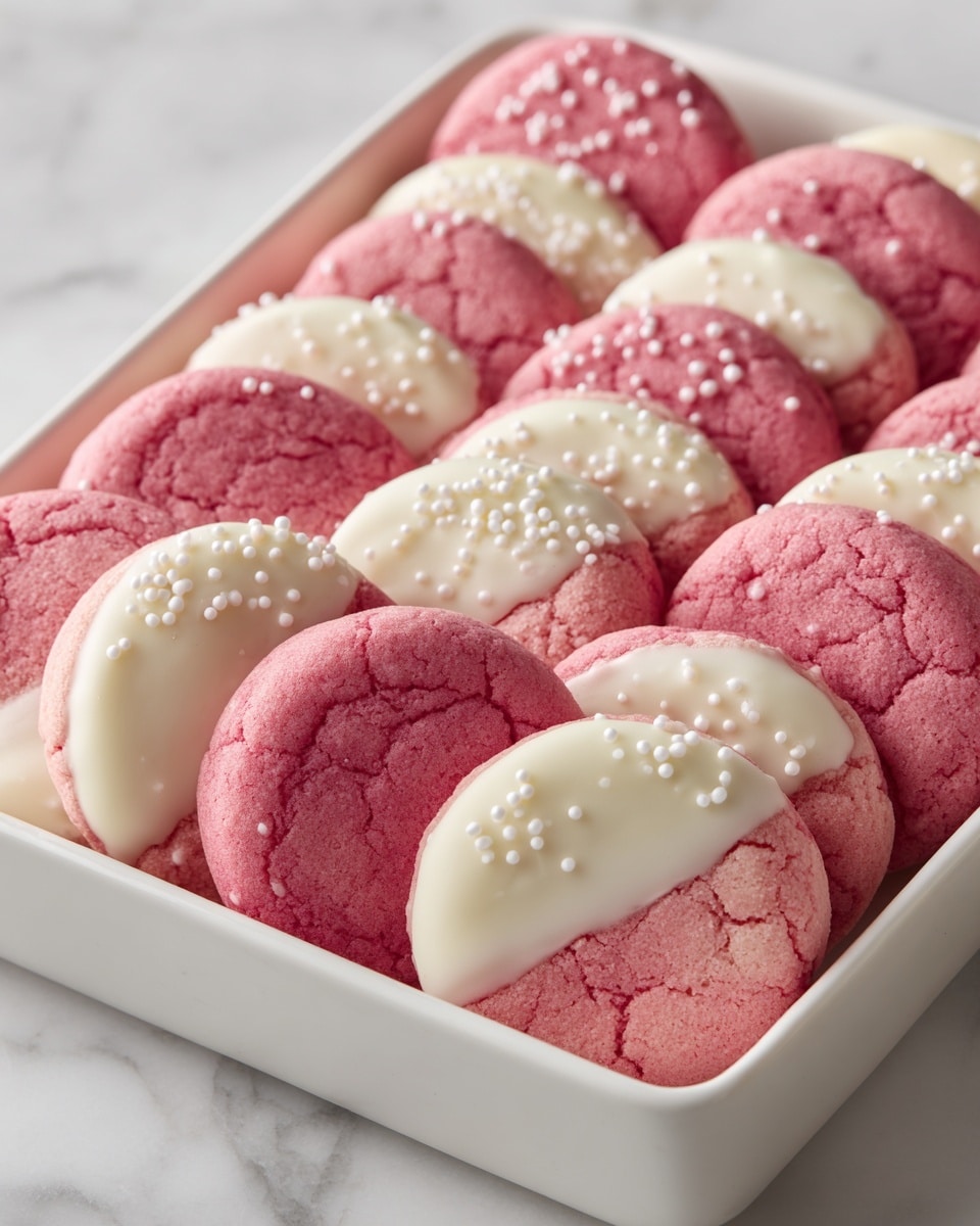 The image shows a white rectangular dish filled with round pink cookies arranged in neat rows. Each cookie has two layers: the main body is a soft pink with a slightly crumbly texture, and one half of the top surface is coated with smooth white icing with tiny white sprinkles on the edge where the icing ends. The cookies are placed close together, slightly overlapping each other, and the dish sits on a white marbled surface. The lighting highlights the moist texture and the contrast between the pink cookie and white icing. photo taken with an iphone --ar 4:5 --v 7