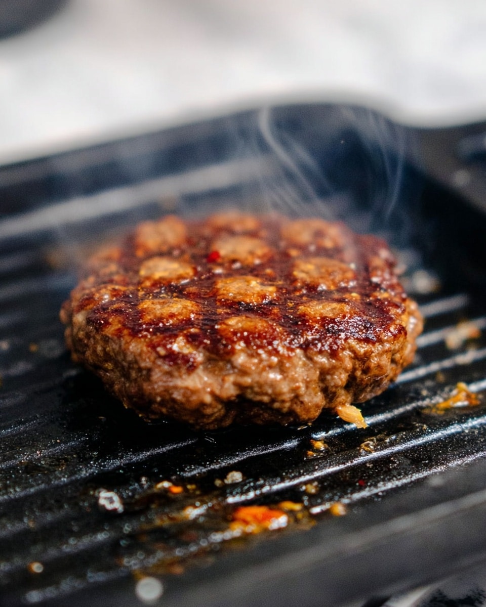 A single thick beef patty is shown cooking on a black grill pan with clear grill marks crossing the top in a grid pattern. The patty has a brown, juicy texture with hints of orange and red spices visible throughout. Thin steam rises softly around the patty, emphasizing its hot and freshly cooked state. The black grill pan grooves beneath have small bits of cooked residue and oil glistening slightly. The background is a white marbled texture, blurred to keep focus on the meat. Photo taken with an iphone --ar 4:5 --v 7