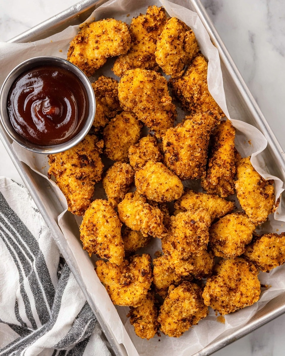 A glass tray lined with white parchment paper holds many small pieces of golden brown fried chicken, each piece showing a crispy, textured coating with some darker spots of seasoning. On the left side of the tray, there is a small silver round cup filled with thick dark brown barbecue sauce that has a shiny surface with a swirl pattern on top. To the side of the tray, a white and black striped cloth adds a soft contrast to the meal, all set against a white marbled surface. photo taken with an iphone --ar 4:5 --v 7