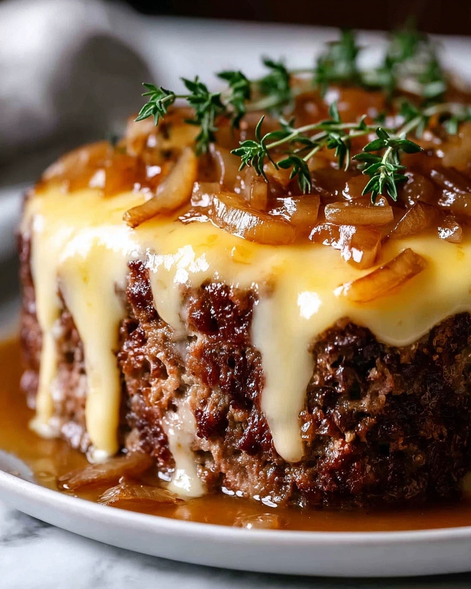A close-up view of a thick, round meatloaf with a rough textured ground beef base in dark brown, topped with a smooth layer of melted pale yellow cheese that drips slightly down the sides. On top of the cheese, caramelized golden-brown onions are spread evenly, adding a glossy texture with a glistening sauce pooling around the base. Small green sprigs of fresh thyme are laid across the top, adding a touch of green contrast. The meatloaf is served on a white plate, all placed on a white marbled surface. photo taken with an iphone --ar 4:5 --v 7