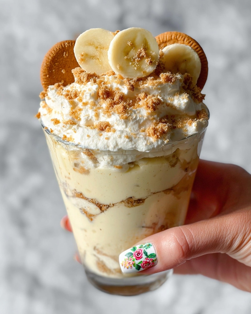 This close-up shows a creamy dessert with about three visible layers: the base layer of thick, off-white creamy filling, topped with a light sprinkling of fine golden crumbs. On top of this are slices of pale yellow banana, arranged around the edge, adding soft round shapes. At the back, two round, golden brown cookies stand upright, partially dipped in cream. A wooden spoon is inserted on the left side, breaking into the creamy texture. The entire dessert is set against a soft white marbled surface. photo taken with an iphone --ar 4:5 --v 7