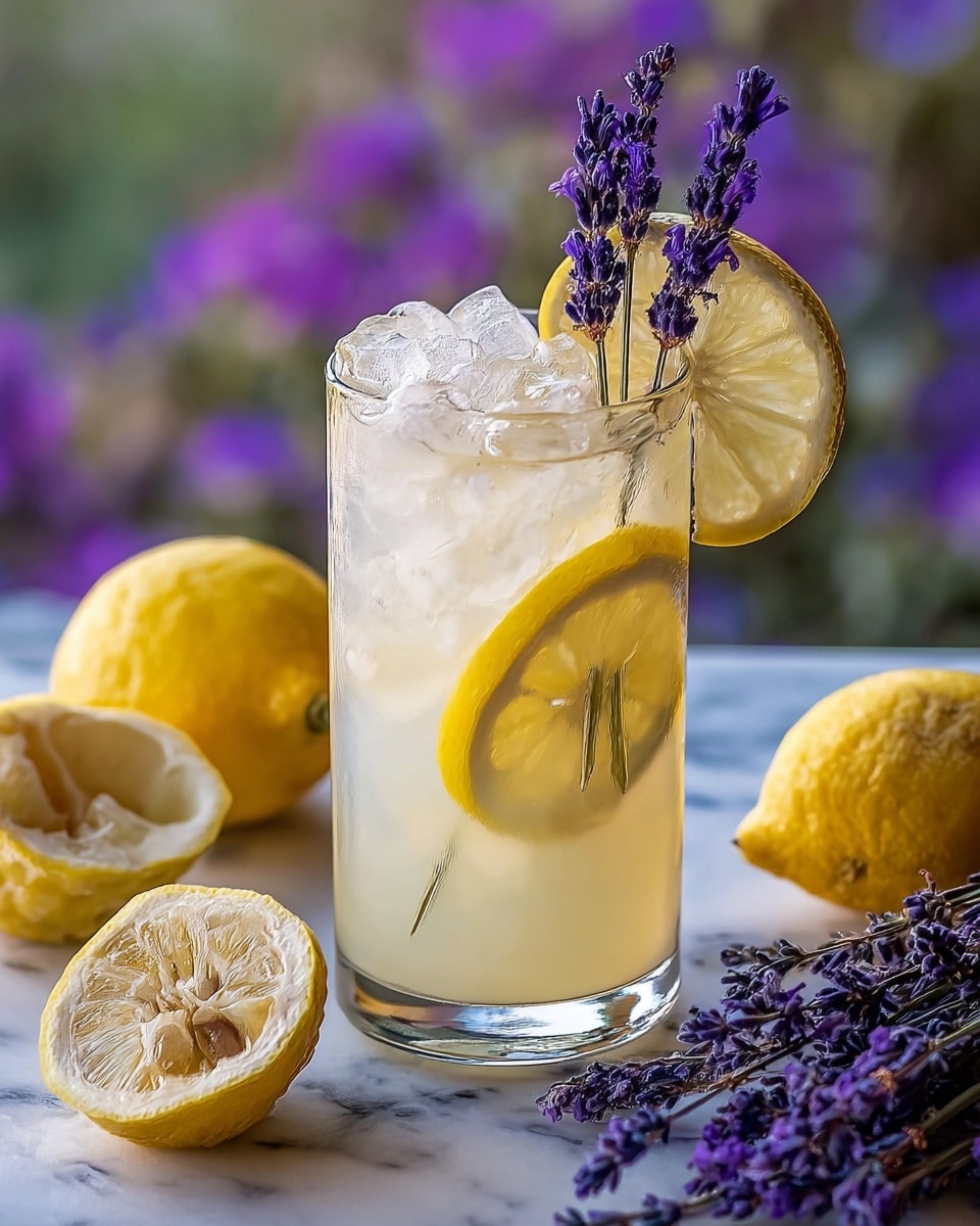 A clear glass filled with a pale yellow liquid forms the first layer, topped with a generous amount of clear ice cubes as the second layer. Inside the glass, a thin lemon slice curls along the inner side, their bright yellow color contrasting softly with the liquid. At the top, there is a fresh lemon wheel and two small sprigs of purple lavender flowers standing upright, giving a delicate touch and a splash of color. The glass is placed on a white marbled surface surrounded by whole and halved lemons and bunches of lavender flowers, with a blurred purple and green floral background. Photo taken with an iphone --ar 4:5 --v 7