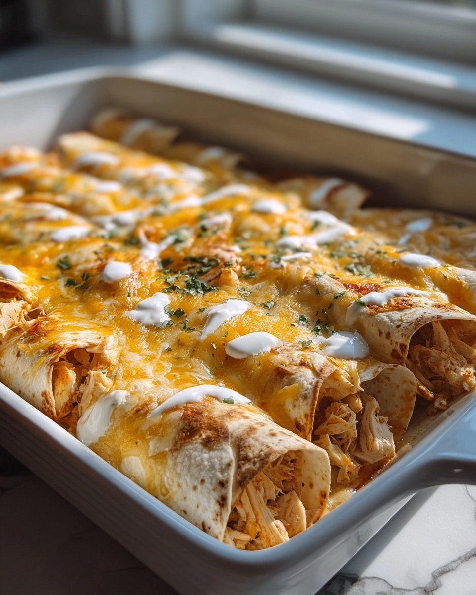 The image shows a white baking dish filled with tightly rolled tortillas, arranged side by side in a single layer. Each tortilla is lightly toasted on the edges and stuffed with shredded, seasoned chicken that peeks out from the open ends. The top is covered with melted yellow and white cheese, and there are small dollops of white sauce spread unevenly over the top. The dish is placed on a surface with a white marbled texture, and the background is softly blurred with natural light coming from a window. photo taken with an iphone --ar 4:5 --v 7