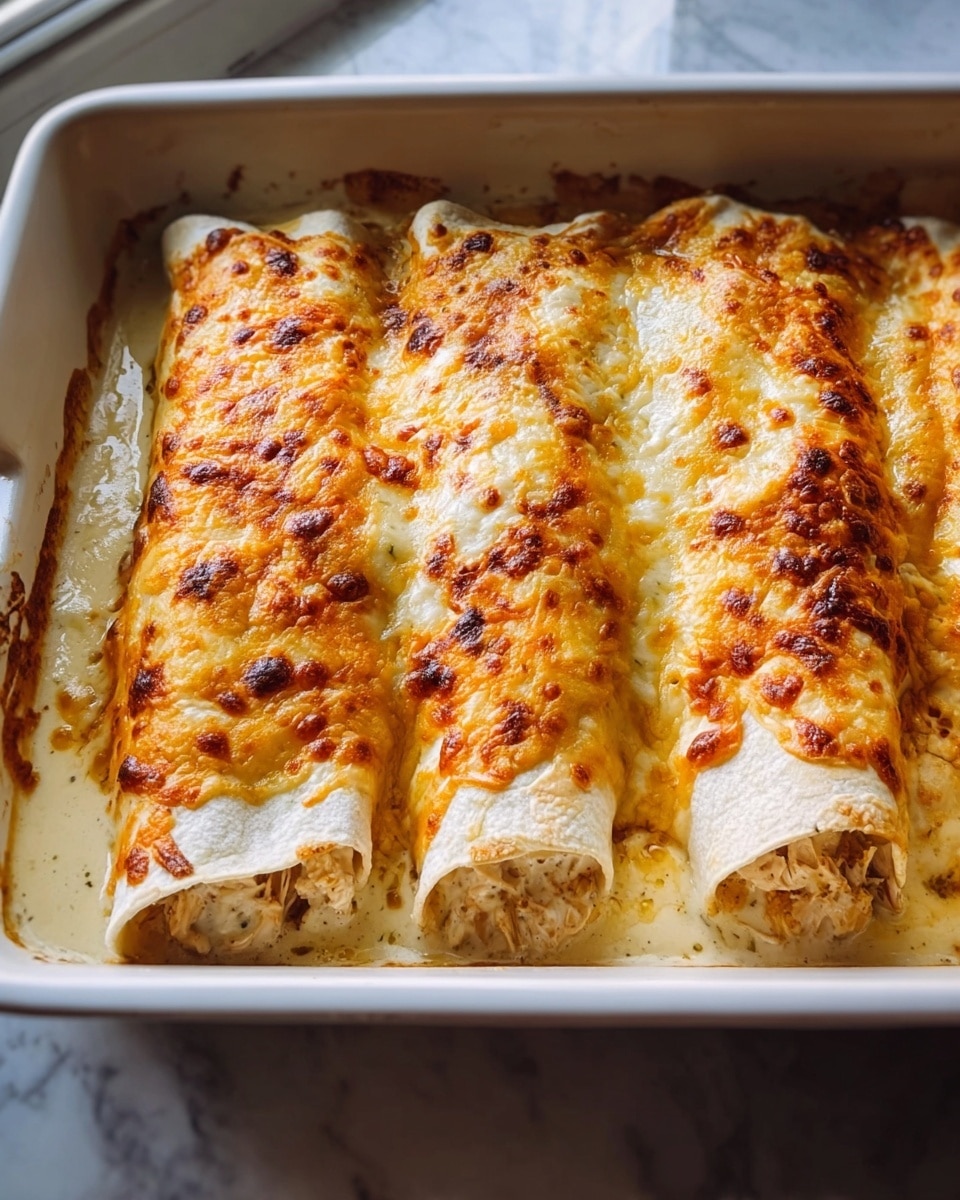 The image shows a close-up of three enchiladas placed side by side in a white rectangular baking dish. Each enchilada is rolled with a soft tortilla layer, filled with tender shredded chicken visible at the open ends. The top of the enchiladas is covered with a thick layer of melted cheese that is golden brown with some areas toasted darker, creating a bubbly and slightly crispy texture. The bottom of the dish has a creamy sauce that slightly pools around the edges of the enchiladas. The background includes soft daylight coming from windows, and the dish rests on a surface with a white marbled texture. photo taken with an iphone --ar 4:5 --v 7