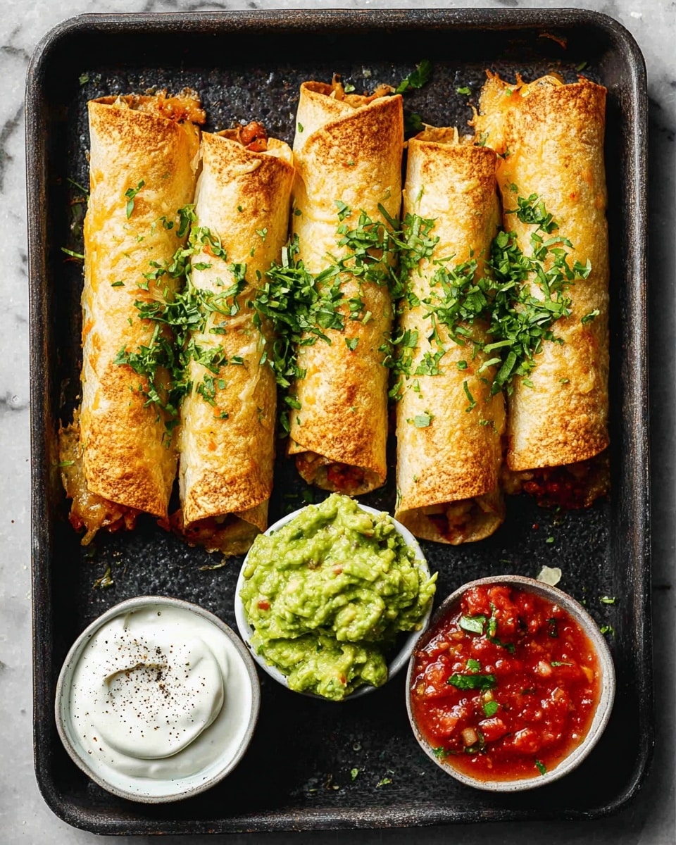 The image shows five golden-brown rolled enchiladas arranged horizontally on a dark baking tray, each topped with green chopped herbs. At the top right corner of the tray, there is a small white bowl filled with chunky, bright green guacamole. In the bottom left corner, there is another small white bowl holding white sour cream sprinkled with black pepper. At the bottom right corner, a third small white bowl contains vibrant red salsa with small green herb pieces. The background features a white marbled texture. photo taken with an iphone --ar 4:5 --v 7