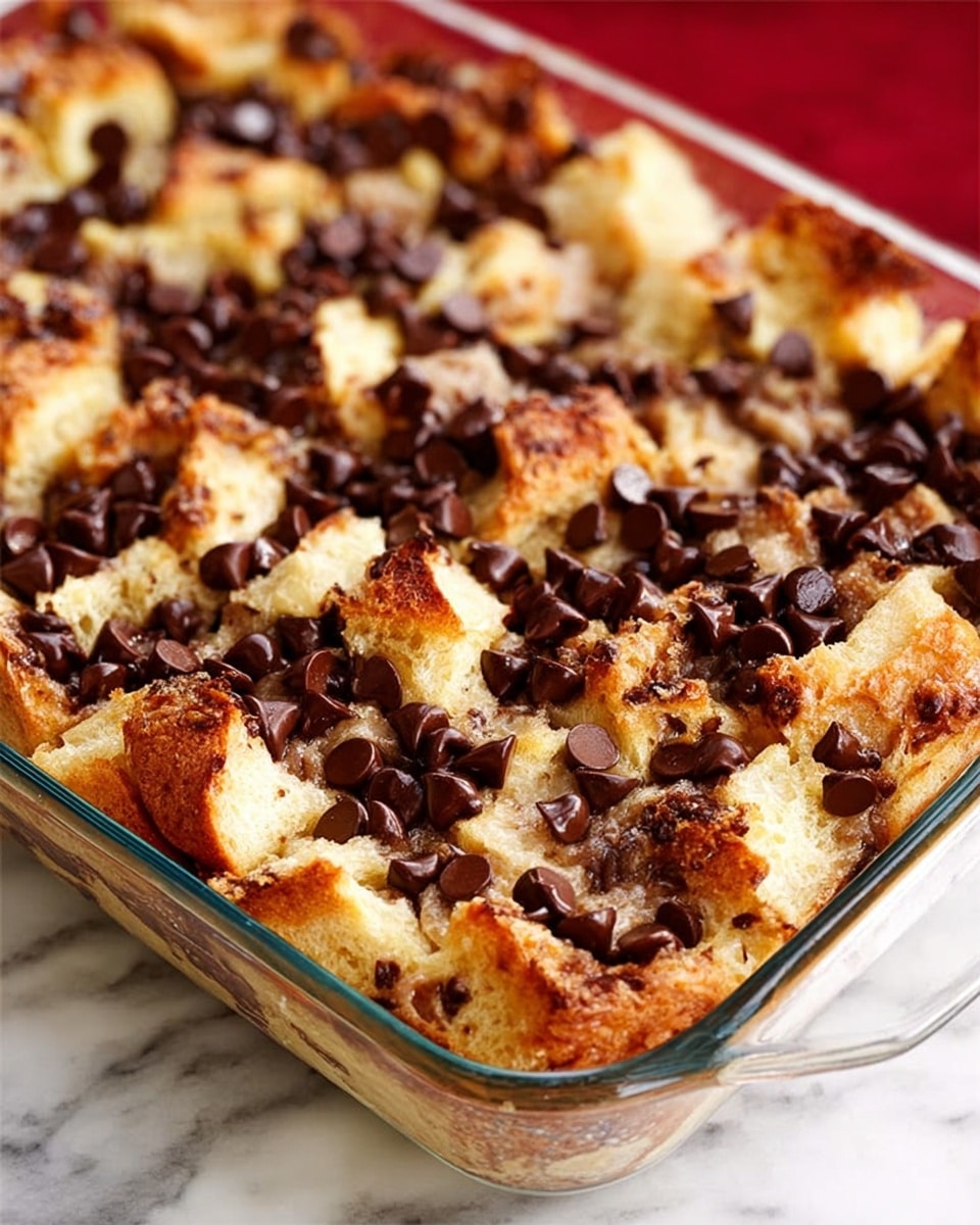 The dish is a baked bread pudding in a clear glass rectangular dish placed on a white marbled surface. It has roughly torn or cut pieces of golden-brown bread layered unevenly, with a soft texture inside and crispy, browned edges. Scattered thickly across and inside the bread are many dark brown, glossy chocolate chips that look slightly melted. The top layer shows a mix of crunchy and soft bread sprinkled generously with these melted chocolate chips, creating a rich and inviting contrast. Photo taken with an iphone --ar 4:5 --v 7