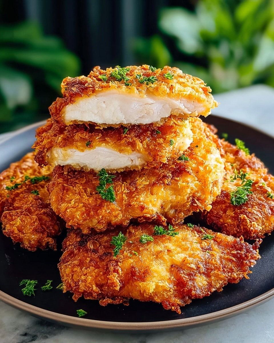 A black round plate holds a stack of five pieces of fried chicken with a golden-brown crispy crust. The chicken is cut in one piece, showing tender white meat inside, while the outside looks crunchy and textured with small bits of fried coating. Small green parsley leaves are sprinkled on top and around the chicken, adding a fresh green color contrast. The plate sits on a white marbled surface, and parts of greenery are visible in the blurred background, giving a fresh feel. photo taken with an iphone --ar 4:5 --v 7