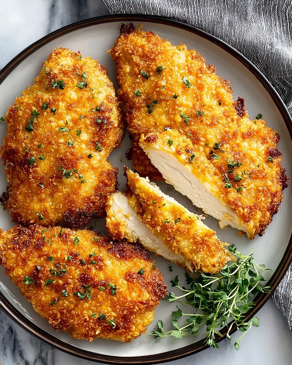 The image shows four pieces of golden brown breaded chicken on a white plate with a dark rim. The chicken has a crispy, textured crust with small green herb leaves sprinkled on top, adding a touch of green contrast. One piece is sliced open, showing the white, juicy inside of the chicken. A small bunch of fresh green herbs sits on the bottom right of the plate. The plate is set on a white marbled surface with a gray and white striped cloth partially visible on the top right side. photo taken with an iphone --ar 4:5 --v 7