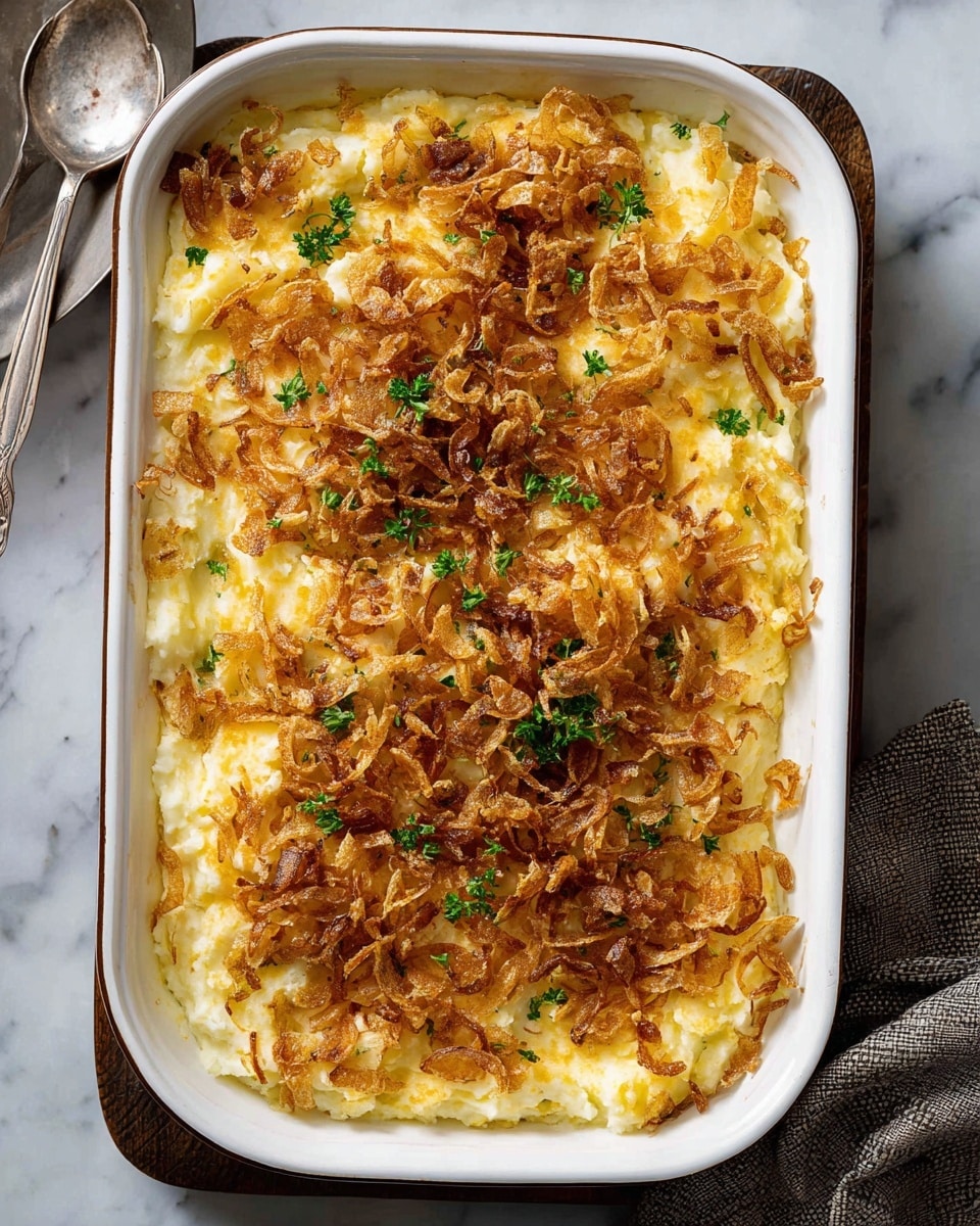 A white rectangular baking dish filled with a creamy mashed potato casserole, showing a smooth, slightly lumpy yellow and white base layer. On top, there is a thick layer of thin, golden-brown crispy fried onions spread unevenly across the surface, adding texture and color contrast. Small green parsley bits are scattered sparingly on top, adding a touch of freshness. The dish is placed on a white marbled texture, with a spoon resting nearby. photo taken with an iphone --ar 4:5 --v 7