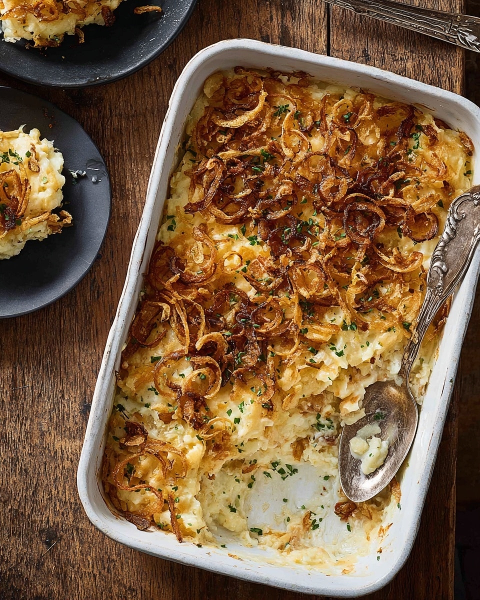 A rectangular white baking dish filled with a creamy, pale yellow potato casserole with melted cheese mixed throughout, topped with a generous layer of golden brown crispy fried onions scattered unevenly on top. The texture of the casserole looks soft and slightly chunky with visible potato pieces, while the fried onions add a crunchy contrast. Some green herbs are sprinkled lightly over the surface as a garnish. A silver spoon with an ornate handle is resting inside the dish, scooping out a portion, and in the top left corner, a black plate holds a slice of the casserole. The dish is placed on a rustic wooden surface. Photo taken with an iphone --ar 4:5 --v 7